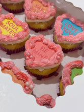 Load image into Gallery viewer, Valentine’s Day Conversation Heart Cupcakes
