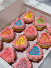 Load image into Gallery viewer, Valentine’s Day Conversation Heart Cupcakes
